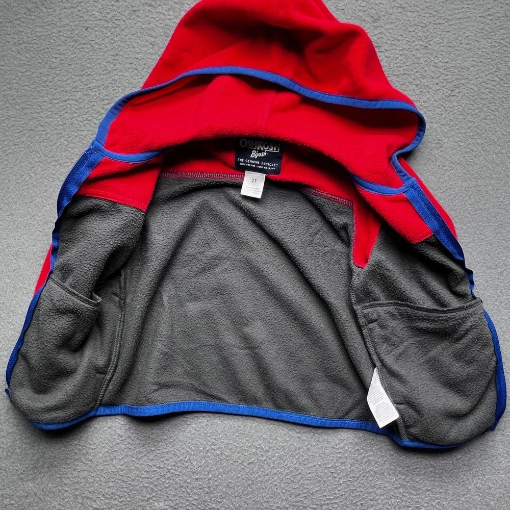OshKosh B'gosh Boys Fleece Hoodie Polyester 2T Colorblock Red Grey Zip Jacket